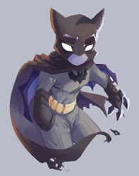 Size: 3232x4096 | Tagged: safe, artist:saxopi, imported from derpibooru, bat pony, semi-anthro, batman, belt, blank eyes, cape, clothes, costume, gray background, high res, mask, pants, patreon, patreon reward, ponified, simple background, solo, torn clothes, white eyes