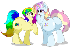 Size: 8900x5900 | Tagged: safe, artist:rainbowtashie, imported from derpibooru, oc, oc:exquisite attire, oc:rainbow tashie, earth pony, pony, unicorn, butt, commissioner:bigonionbean, eyeshadow, female, flank, fusion, fusion:fleur-de-lis, fusion:sassy saddles, horn, huge butt, large butt, makeup, mare, nintendo, nintendo 64, plot, simple background, the ass was fat, transparent background, whispering, writer:bigonionbean