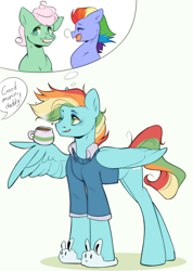 Size: 2132x3000 | Tagged: safe, artist:pledus, imported from derpibooru, bow hothoof, gentle breeze, oc, oc:creamy clouds, pegasus, pony, clothes, coffee, coffee cup, coffee mug, commissioner:bigonionbean, cup, dialogue, fusion, fusion:bow hothoof, fusion:gentle breeze, male, mug, slippers, stallion, thought bubble, wings, writer:bigonionbean