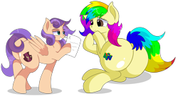 Size: 8800x4800 | Tagged: safe, artist:rainbowtashie, imported from derpibooru, oc, oc:rainbow tashie, oc:sweet scooter, alicorn, earth pony, pegasus, unicorn, alicorn oc, butt, commissioner:bigonionbean, female, filly, flank, foal, fusion, fusion:scootaloo, fusion:sweetie belle, grades, horn, huge butt, large butt, lying down, mare, nintendo, nintendo 64, on side, paper, plot, simple background, teary eyes, the ass was fat, transparent background, wings, writer:bigonionbean