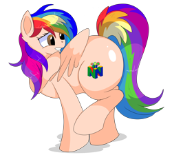 Size: 9000x8100 | Tagged: safe, artist:rainbowtashie, imported from derpibooru, oc, oc:candy clumsy, oc:rainbow candy, oc:rainbow tashie, earth pony, pegasus, pony, commissioner:bigonionbean, female, foal, fusion, horn, huge butt, large butt, mare, nintendo, nintendo 64, simple background, the ass was fat, transparent background, wings, writer:bigonionbean