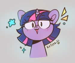 Size: 1027x870 | Tagged: safe, artist:krista-21, imported from derpibooru, twilight sparkle, unicorn, chibi, cute, eye clipping through hair, eyebrows, eyebrows visible through hair, eyelashes, female, glasses, gray background, open mouth, open smile, simple background, smiling, solo, twiabetes, unicorn twilight