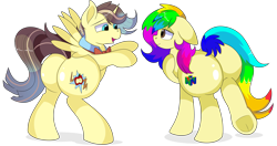 Size: 8700x4600 | Tagged: safe, artist:rainbowtashie, imported from derpibooru, oc, oc:king righteous authority, oc:rainbow tashie, alicorn, earth pony, pony, alicorn oc, bowtie, butt, commissioner:bigonionbean, female, flank, fusion, fusion:braeburn, fusion:doctor whooves, fusion:prince blueblood, fusion:time turner, fusion:wind waker, horn, huge butt, large butt, lying down, male, mare, nintendo, nintendo 64, plot, simple background, stallion, the ass was fat, transparent background, wings, writer:bigonionbean