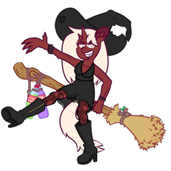 Size: 8000x8000 | Tagged: safe, artist:threetwotwo32232, imported from derpibooru, oc, oc only, oc:humor, anthro, unicorn, anorexic, broom, female, horn, mare, multiple horns, simple background, solo, transparent background, witch