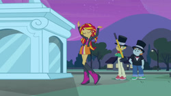 Size: 3410x1920 | Tagged: safe, imported from derpibooru, screencap, snails, snips, sunset shimmer, human, equestria girls, equestria girls (movie), boots, clothes, crossed arms, cutie mark on clothes, eyes closed, female, frown, hammer, hat, high res, jacket, leather, leather jacket, male, night, shoes, statue, top hat, trio