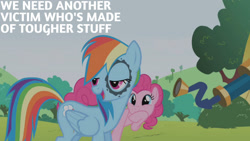 Size: 1280x720 | Tagged: safe, edit, edited screencap, editor:quoterific, imported from derpibooru, screencap, pinkie pie, rainbow dash, earth pony, pegasus, pony, griffon the brush off, season 1, duo, female, mare, open mouth, open smile, smiling, telescope