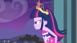 Size: 1024x576 | Tagged: safe, artist:catdragon4, edit, edited screencap, editor:catdragon4, imported from derpibooru, screencap, twilight sparkle, equestria girls, equestria girls (movie), angry, bare shoulders, canterlot high, crown, element of magic, fall formal outfits, g4, jewelry, regalia, serious, sleeveless, solo, strapless, twilight ball dress