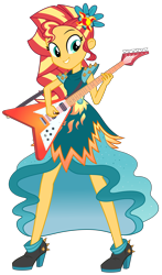 Size: 5438x9260 | Tagged: safe, artist:aureategramarye, imported from derpibooru, sunset shimmer, equestria girls, legend of everfree, .svg available, absurd resolution, clothes, crystal gala dress, dress, electric guitar, female, flying v, grin, guitar, musical instrument, simple background, smiling, solo, transparent background, vector