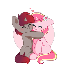 Size: 3892x4006 | Tagged: safe, artist:kittyrosie, imported from derpibooru, oc, oc only, oc:rosa flame, pony, unicorn, duo, eyes closed, floppy ears, flower, flower in hair, heart, hug, simple background, transparent background