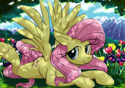 Size: 1024x724 | Tagged: safe, artist:neoshrek, imported from derpibooru, fluttershy, pegasus, pony, anatomically incorrect, flower, incorrect leg anatomy, lying down, prone, smiling, solo, tree