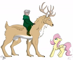 Size: 1839x1525 | Tagged: safe, artist:cactuscowboydan, imported from derpibooru, fluttershy, oc, deer, elf, elk, pegasus, animal, antlers, chest fluff, concept, elf ears, riding, simple background, size difference, white background