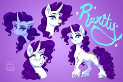 Size: 1920x1280 | Tagged: safe, artist:bluefeathercat, imported from derpibooru, rarity, pony, unicorn, alternate hairstyle, curved horn, ear piercing, earring, horn, jewelry, lidded eyes, looking at you, piercing, scrunchy face, smiling, snorting, solo, tail, tail wrap, unshorn fetlocks, wide eyes