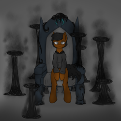 Size: 2953x2953 | Tagged: safe, artist:thatsbadboi, imported from derpibooru, oc, oc:calm field, dark magic, gray background, magic, simple background, sitting, throne, void