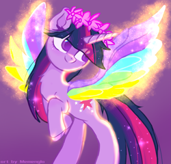 Size: 1555x1495 | Tagged: safe, artist:memengla, imported from derpibooru, twilight sparkle, alicorn, pony, rainbow roadtrip, floral head wreath, flower, solo, twilight sparkle (alicorn), wing bling, wings