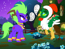 Size: 2828x2121 | Tagged: safe, artist:insanespyro, imported from derpibooru, oc, oc only, oc:frost d. tart, oc:midnight devilwitch, alicorn, pony, alicorn oc, animal costume, chicken suit, clothes, costume, horn, hypnosis, hypnotized, mind control, pentagram, text, wings