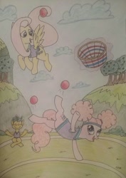 Size: 898x1268 | Tagged: safe, artist:iistarshineii, imported from derpibooru, fluttershy, pinkie pie, snails, earth pony, pegasus, pony, unicorn, buckball season, ball, buckball, levitation, magic, pinktails pie, telekinesis, traditional art