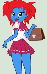Size: 441x686 | Tagged: safe, artist:ry-bluepony1, artist:yaya54320bases, imported from derpibooru, oc, oc:radiant rail, equestria girls, bag, bedroom eyes, clothes, eyelashes, green background, looking at you, looking back, looking back at you, pigtails, school uniform, schoolgirl, simple background, skirt