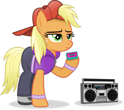 Size: 4285x3816 | Tagged: safe, artist:anime-equestria, imported from derpibooru, applejack, earth pony, pony, '90s, absurd resolution, alternate hairstyle, backwards ballcap, baseball cap, boombox, cap, clothes, compact cassette, ear piercing, female, freckles, green eyes, hat, hoodie, hoof hold, hooves, lidded eyes, mare, piercing, shading, shadow, simple background, smiling, solo, standing, transparent background, vector, wristband