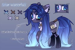 Size: 2899x1921 | Tagged: safe, artist:radioaxi, imported from derpibooru, oc, oc only, oc:star waterfall, earth pony, pony, collar, ear piercing, earring, jewelry, male, piercing, raised hoof, reference sheet, solo, stallion, tail, tail wrap