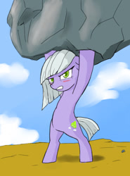 Size: 736x992 | Tagged: safe, artist:a.s.e, imported from derpibooru, limestone pie, earth pony, pony, angry, bipedal, blushing, cloud, colored pupils, day, eyelashes, female, floppy ears, furious, gritted teeth, looking at you, mare, outdoors, rock, sky, solo, super strength