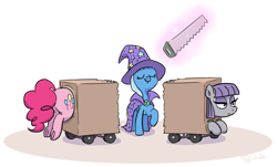 Size: 842x509 | Tagged: safe, artist:foudubulbe, imported from derpibooru, maud pie, pinkie pie, trixie, earth pony, pony, unicorn, box, box sawing trick, cape, clothes, eyes closed, glowing, glowing horn, hat, horn, levitation, magic, magic aura, magic trick, saw, simple background, telekinesis, trick, trio, trixie's cape, trixie's hat, white background