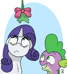 Size: 672x737 | Tagged: safe, artist:doodledonutart, imported from derpibooru, rarity, spike, dragon, pony, unicorn, grin, looking up, mistletoe, one sided shipping, shipping, smiling, this will end in kisses