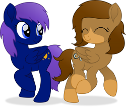 Size: 4591x3886 | Tagged: safe, artist:cirillaq, imported from derpibooru, oc, oc only, oc:glittershine, oc:wild winds, pegasus, pony, ^^, absurd resolution, blue eyes, brown mane, brown tail, coat markings, duo, duo female, eyes closed, female, folded wings, hooves, looking at someone, mare, pegasus oc, raised hoof, raised leg, shadow, simple background, smiling, socks (coat markings), tail, transparent background, wings