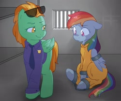 Size: 2448x2048 | Tagged: safe, artist:ponchik_art, imported from derpibooru, lightning dust, rainbow dash, pegasus, pony, bound wings, cell, clothes, commission, commissioner:rainbowdash69, cuffed, duo, jail, jail cell, looking down, never doubt rainbowdash69's involvement, prison, prison outfit, prisoner, prisoner rd, smiling, smirk, wing cuffs, wings