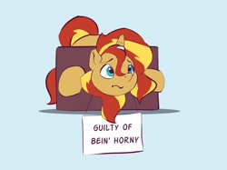 Size: 2003x1499 | Tagged: safe, artist:drafthoof, imported from derpibooru, part of a set, sunset shimmer, pony, unicorn, equestria girls, bondage, horn, horn ring, horny jail, magic suppression, male, pun, ring, rule 63, sign, solo, stocks, sunset glare