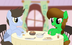 Size: 1848x1159 | Tagged: safe, artist:dyonys, imported from derpibooru, oc, oc only, oc:lucky brush, earth pony, pegasus, pony, :t, blaze (coat marking), blurry background, braid, brown mane, chair, coat markings, duo, earth pony oc, eating, facial markings, female, folded wings, food, freckles, herbivore, hooves, looking at each other, looking at someone, male, mare, open mouth, open smile, pegasus oc, sitting, smiling, stallion, table, talking, window, wings