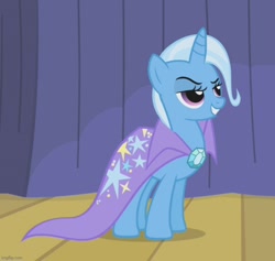 Size: 758x720 | Tagged: safe, imported from derpibooru, screencap, trixie, pony, unicorn, boast busters, season 1, brooch, cape, clothes, cropped, female, grin, hooves, horn, imgflip, jewelry, lidded eyes, mare, shadow, smiling, solo, standing, trixie's brooch, trixie's cape