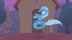 Size: 1280x720 | Tagged: safe, imported from derpibooru, screencap, trixie, pony, unicorn, boast busters, season 1, female, hooves, horn, house, mare, night, open mouth, outdoors, shadow, shrunken pupils, solo, tail, two toned mane, two toned tail, wheel o feet