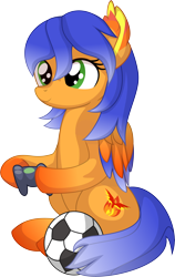 Size: 5056x7978 | Tagged: safe, artist:cyanlightning, imported from derpibooru, oc, oc only, oc:solar aura, pegasus, pony, .svg available, absurd resolution, commissioner:solar aura, controller, ear fluff, female, football, green eyes, hoof hold, hooves, mare, pegasus oc, simple background, sitting, smiling, solo, sports, transparent background, vector