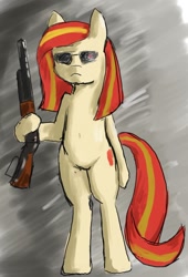 Size: 686x1011 | Tagged: safe, artist:seidouryu, imported from derpibooru, oc, oc:poniko, earth pony, pony, bipedal, female, glasses, gun, mare, terminator, weapon