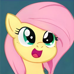 Size: 1024x1024 | Tagged: safe, imported from derpibooru, pony, :d, ai content, ai generated, bust, cute, generator:thisponydoesnotexist, green eyes, happy, not fluttershy, open mouth, open smile, pink mane, portrait, simple background, smiling, solo, teal background, yellow coat