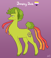 Size: 863x976 | Tagged: safe, artist:greenarsonist, imported from derpibooru, oc, oc only, oc:jumping jack⤴, pony, unicorn, nonbinary, nonbinary pride flag, pride, pride flag, unshorn fetlocks