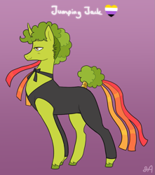 Size: 863x976 | Tagged: safe, artist:greenarsonist, imported from derpibooru, oc, oc only, oc:jumping jack⤴, pony, unicorn, alternate clothes, nonbinary, nonbinary pride flag, pride, pride flag, unshorn fetlocks