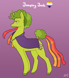 Size: 863x976 | Tagged: safe, artist:greenarsonist, imported from derpibooru, oc, oc only, oc:jumping jack⤴, pony, unicorn, alternate clothes, cape, clothes, magician, nonbinary, nonbinary pride flag, pride, pride flag, unshorn fetlocks