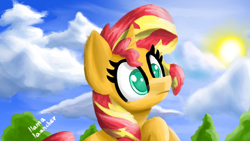 Size: 3840x2160 | Tagged: safe, artist:llamalauncher, imported from derpibooru, sunset shimmer, pony, unicorn, equestria girls, cloud, female, solo, sun, tree