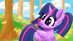 Size: 3840x2160 | Tagged: safe, artist:llamalauncher, imported from derpibooru, twilight sparkle, alicorn, pony, autumn, female, leaves, solo, starry eyes, tree, twilight sparkle (alicorn), wingding eyes