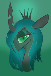 Size: 833x1250 | Tagged: source needed, safe, artist:nannynonads, imported from derpibooru, queen chrysalis, changeling, changeling queen, bust, crown, female, green background, jewelry, portrait, regalia, simple background, solo