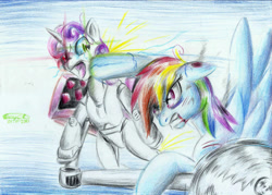 Size: 2324x1660 | Tagged: safe, artist:3500joel, imported from derpibooru, rainbow dash, sweetie belle, pegasus, pony, robot, unicorn, blood, duo, female, fight, gritted teeth, open mouth, sweetie bot, traditional art