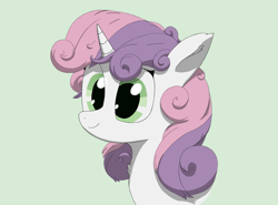 Size: 1435x1064 | Tagged: source needed, useless source url, safe, artist:_rynn, imported from derpibooru, sweetie belle, pony, unicorn, bust, eyelashes, eyes open, female, filly, foal, portrait, shadows, simple background, smiling, solo