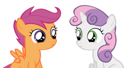 Size: 1102x588 | Tagged: safe, edit, edited screencap, imported from derpibooru, screencap, scootaloo, sweetie belle, pegasus, pony, unicorn, ask the crusaders, background removed, duo, duo female, female, filly, foal, green eyes, horn, looking at each other, looking at someone, not a vector, purple eyes, simple background, small wings, spread wings, transparent background, two toned mane, wings