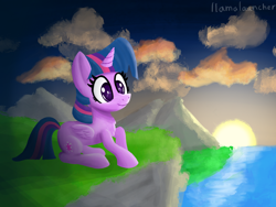 Size: 2048x1536 | Tagged: safe, artist:llamalauncher, imported from derpibooru, twilight sparkle, alicorn, pony, female, folded wings, mountain, river, scenery, solo, sunrise, twilight sparkle (alicorn), water, wings