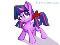 Size: 2160x1620 | Tagged: safe, artist:llamalauncher, imported from derpibooru, twilight sparkle, pony, unicorn, :p, alternate hairstyle, bow, chest fluff, female, hair bow, hooves, horn, no pupils, pigtails, shadow, simple background, solo, standing, starry eyes, tongue out, twintails, unicorn twilight, white background, wingding eyes