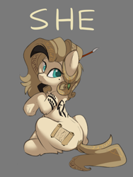 Size: 1371x1824 | Tagged: safe, artist:beardie, imported from derpibooru, oc, oc only, oc:hyra glyph, earth pony, pony, colored pupils, cute, eyebrows, eyelashes, female, gray background, looking at you, looking back, looking back at you, mare, she, simple background, sitting, solo, tattoo, underhoof