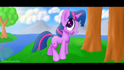 Size: 3840x2160 | Tagged: safe, artist:llamalauncher, imported from derpibooru, twilight sparkle, pony, unicorn, female, mountain, river, solo, tree, unicorn twilight, water