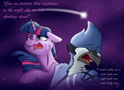 Size: 2200x1600 | Tagged: safe, artist:takutanuvataio, imported from derpibooru, twilight sparkle, bird, blue jay, pony, aeroplanes and meteor showers, airplanes (song), crossover, crossover shipping, crying, duo, female, male, meme, mordecai, mordetwi, night, open mouth, regular show, shipping, straight