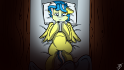 Size: 1280x720 | Tagged: safe, artist:takutanuvataio, imported from derpibooru, oc, oc only, oc:arty quill, pegasus, pony, bed, cellphone, lying down, male, night, on back, pegasus oc, phone, sad, solo